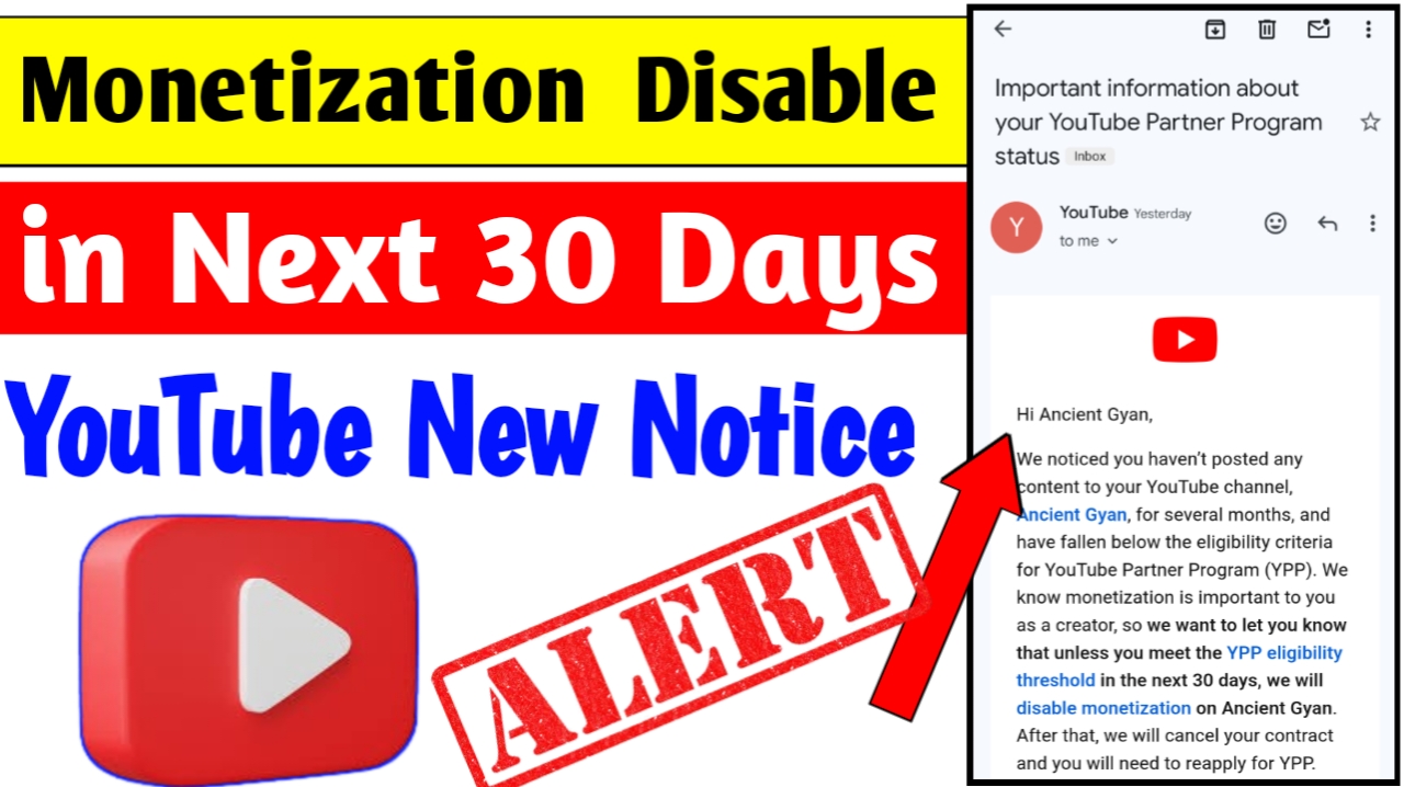 youtube monetization diable in 30 days